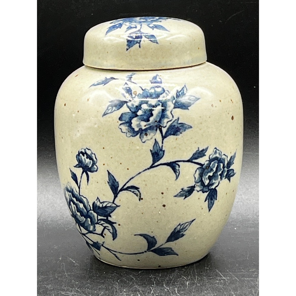 Vtg Pier 1 Imports Blue Gray Floral Ginger Jar Speckled Lidded Vase Chinoiserie